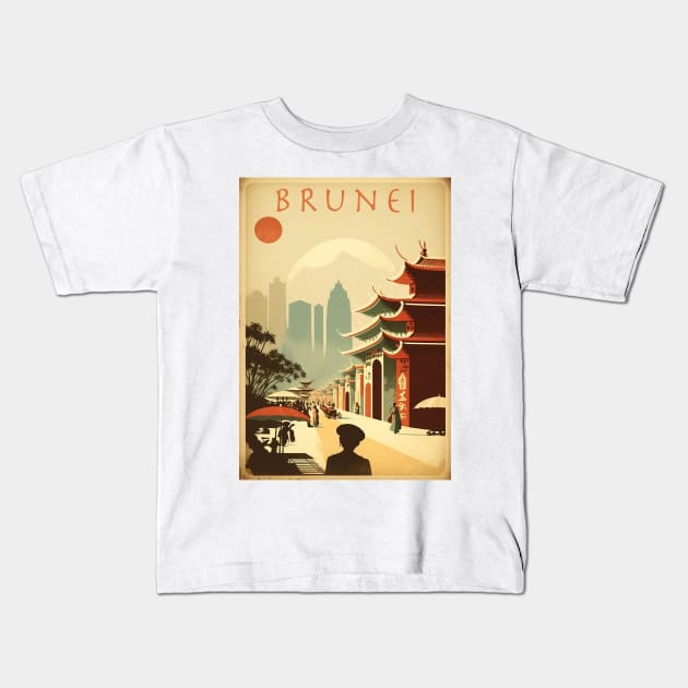 Brunei Streetscape Vintage Travel Art Poster Kids T-Shirt by OldTravelArt